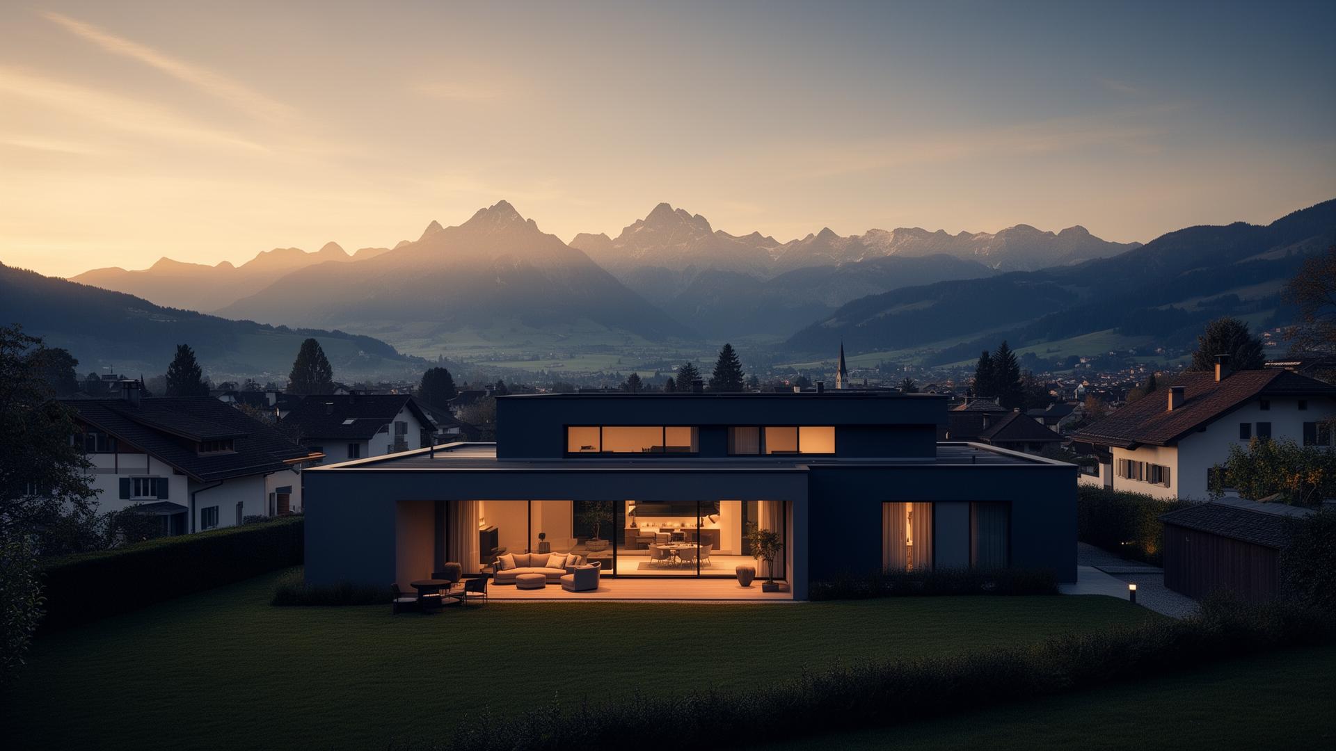 Modernes Eigenheim im Kanton Zürich bei Abendlicht mit Schweizer Bergpanorama